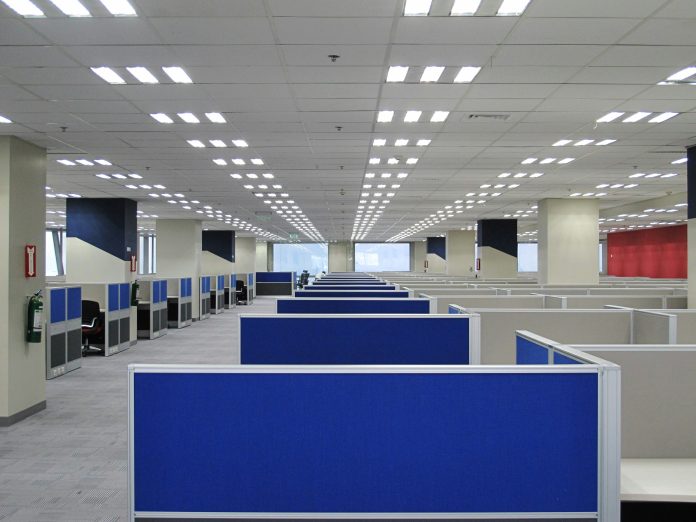 a photo of rows of cubicles in an office space.