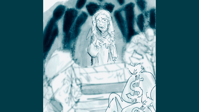 Green party leader, Elizabeth May fearfully standing, surrounded by unidentifiable MPs looming around her. There are few bags of money that sit on a table in the forefront of the illustration.