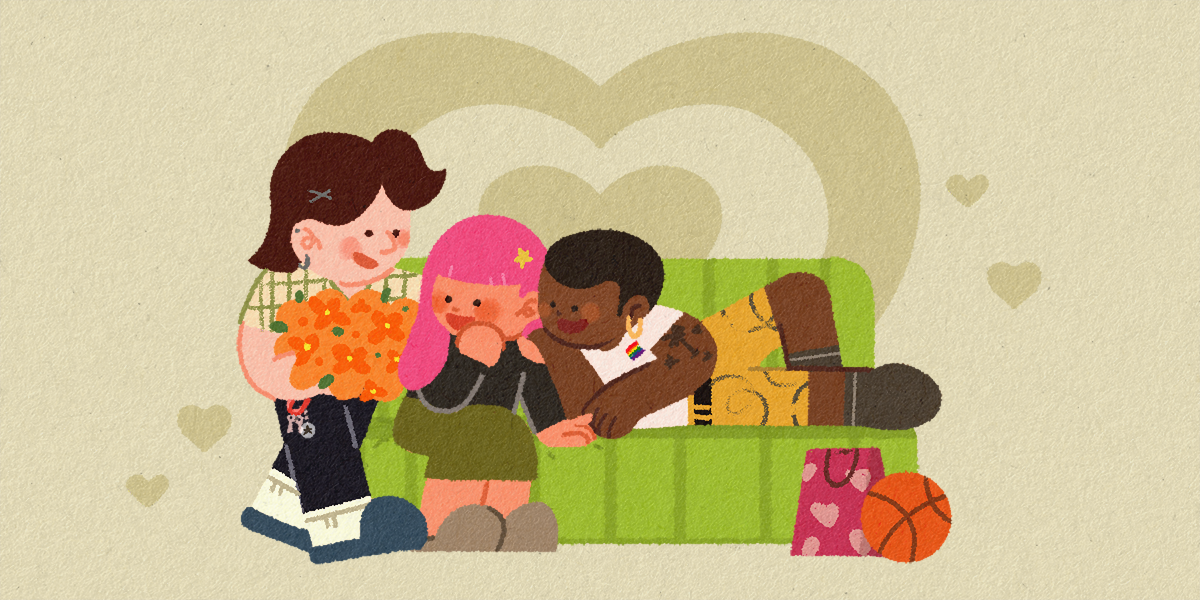 an illustration of three people hanging out. Two of them are sitting on a couch. The third person is standing next to them holding flowers.