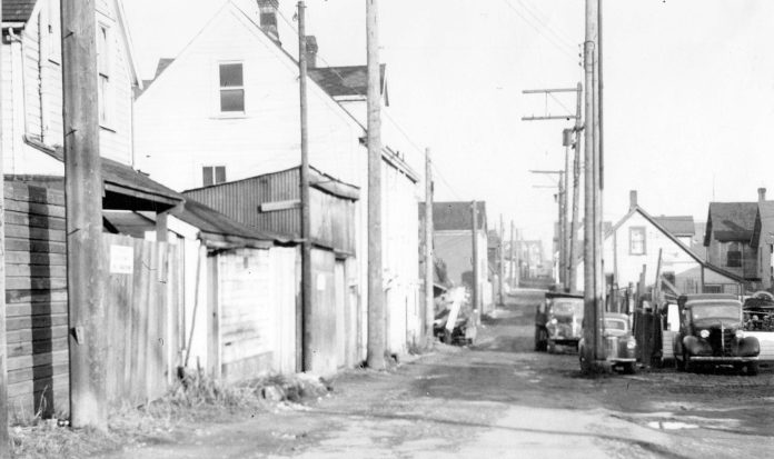 a black and white photo of Hogan's Alley.