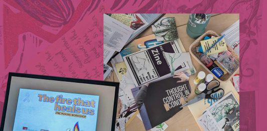 “The fire that heals us”: a collaborative zine-making workshop A collage of images from the workshop is compiled: a PowerPoint slide reading “the fire that heals us” with a fire in someone’s palms and a desk with zine-making supplies (scissors, papers) are pictured on top of a bright pink page of someone’s zine.