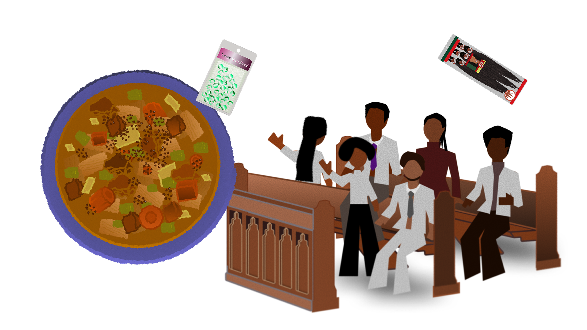 An illustration collage: a Black church congregation sitting and standing between wooden pews. A bowl of soup joumou, a brown broth with chunks of vegetables. A package green of hair beads. A package of box braid extensions.
