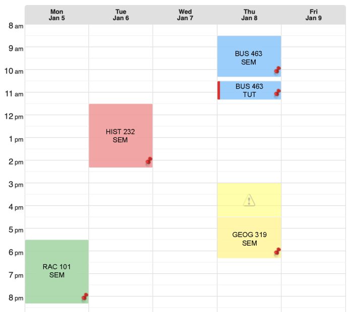A screenshot of someone’s MySchedule on GoSFU. The course codes in the piece are listed on the chart.