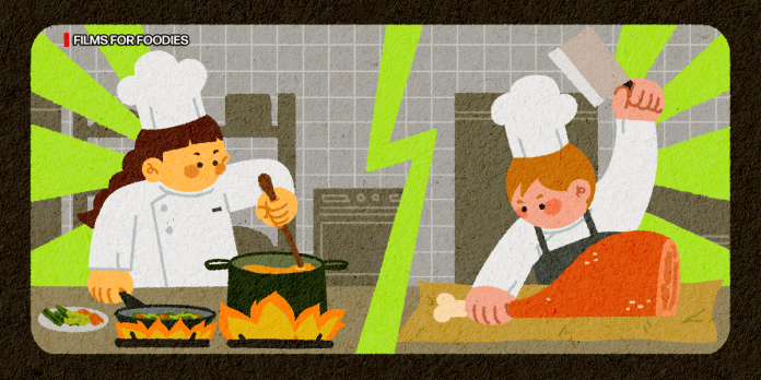 An illustration of two chefs having a cooking contest side by side, separated by a green barrier