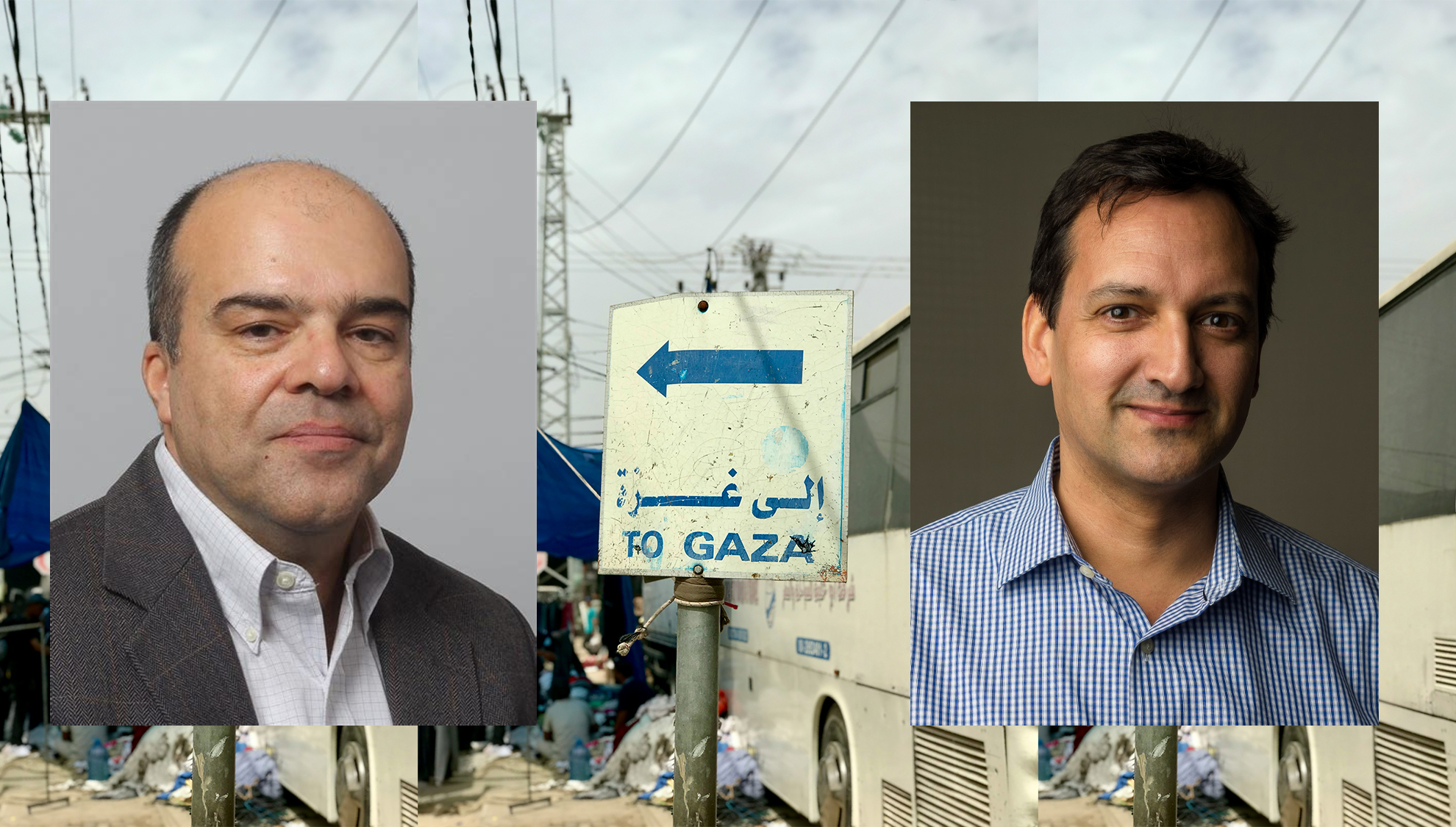 Rabbani and Moustafa’s portraits are collaged on top of an image taken in Palestine that has a sign. The sign has a blue arrow pointing to the left, reading, “to Gaza.”