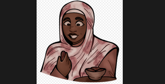 a Black hijabi woman breaking her fast with a date. There is a plate of dates beside her.