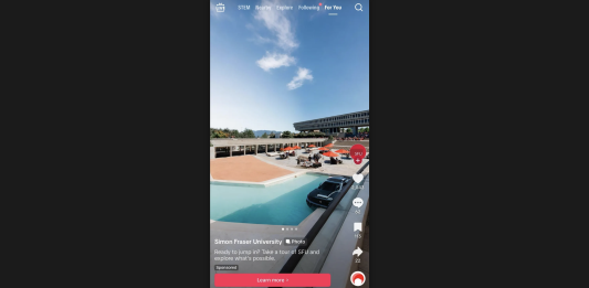 SFU alleges TikTok added unauthorized AI additions to their advertisement A black car sits in the middle of a light blue pool in the middle of convocation mall, while also merging into the concrete ground.
