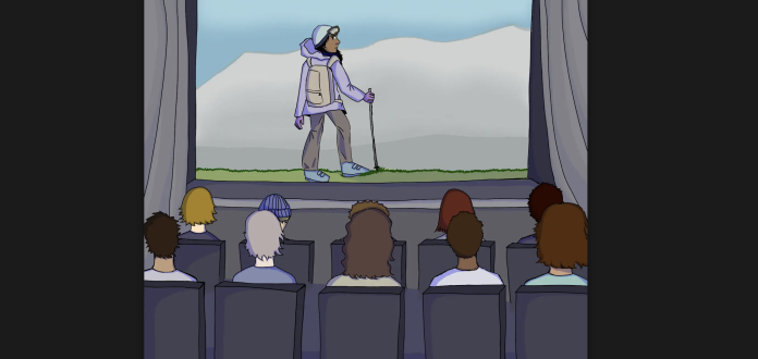 An illustration of a mountaineer climbing a snowy mountain shown on the big screen set in a theatre