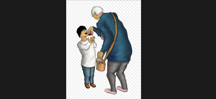 a grandmother handing her grandson a piece of candy. The kid is happy.