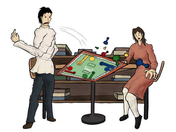 A man sweeps off the pieces of a Sorry board off of the table. His date looks on with shock.