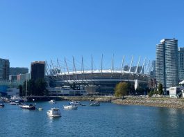 Human rights calls for Canada Soccer to condemn the Israel Football Association The outside of BC Place and False Creek are pictured on a bright sunny day.