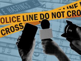 “Not at all” represented: Unhoused residents respond to Hastings decampment report A collage of police tape, phone, microphone, and video camera expresses the media being barred from reporting. The background consists of newspapers and a “Hastings St.” sign.