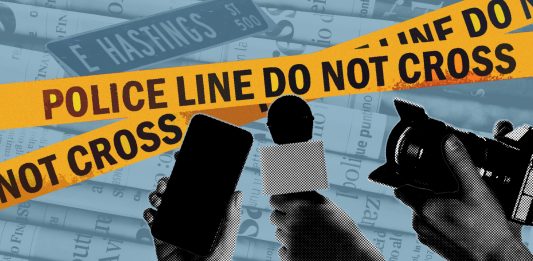 “Not at all” represented: Unhoused residents respond to Hastings decampment report A collage of police tape, phone, microphone, and video camera expresses the media being barred from reporting. The background consists of newspapers and a “Hastings St.” sign.