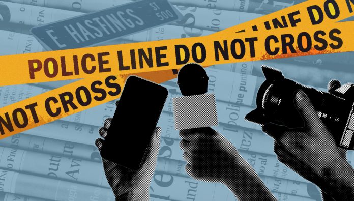 A collage of police tape, phone, microphone, and video camera expresses the media being barred from reporting. The background consists of newspapers and a “Hastings St.” sign.