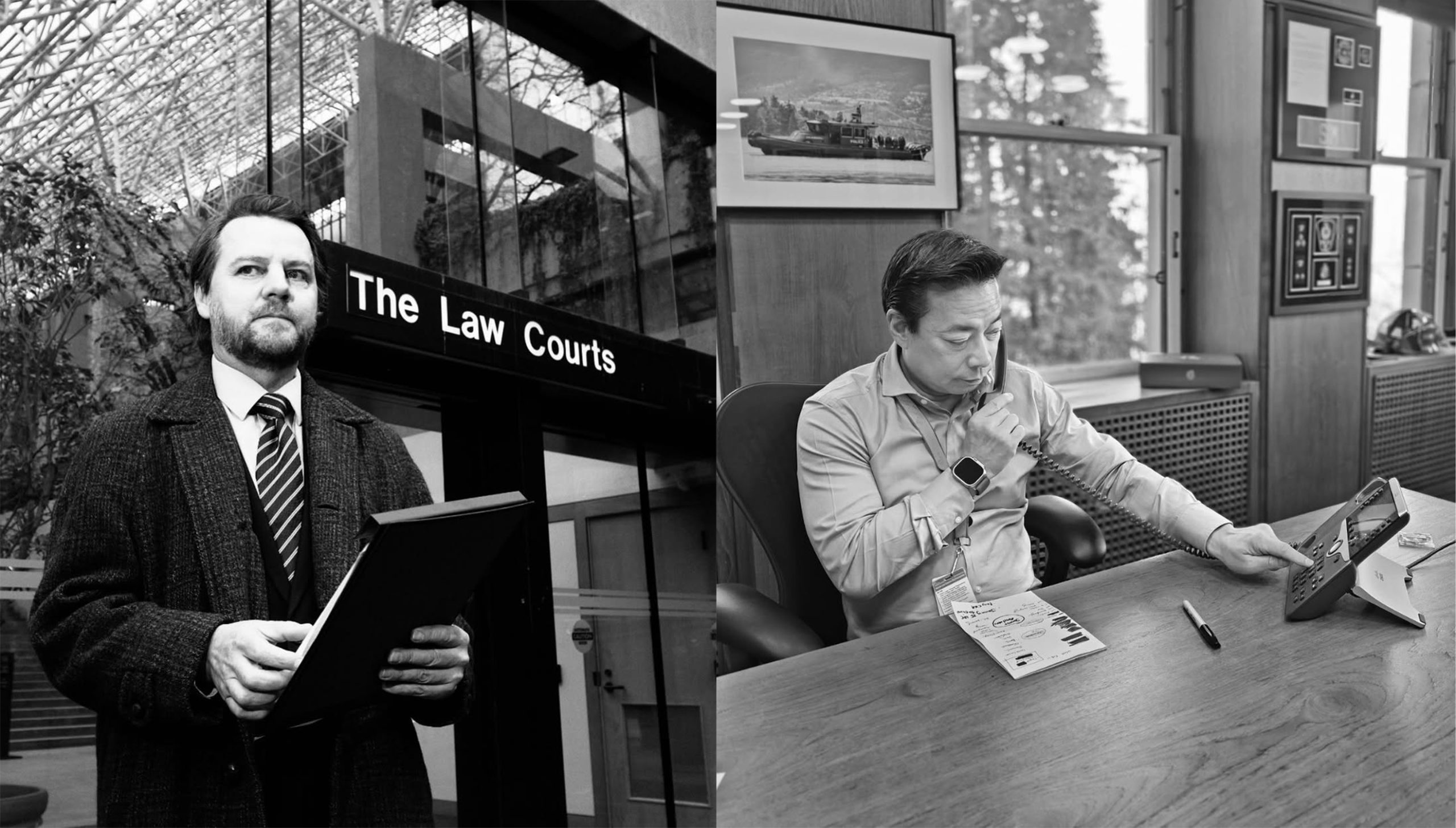 a black and white composite of two photos. One of Ken Sim, the mayor of Vancouver, making a phone call while sitting at a desk. The other is of city councillor Sean Orr, standing in front of the entrance to The Law Court, with a file in his hands.