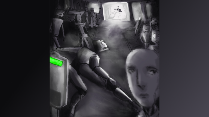 two robots fighting over a charging port. They display clear physical malfunction.