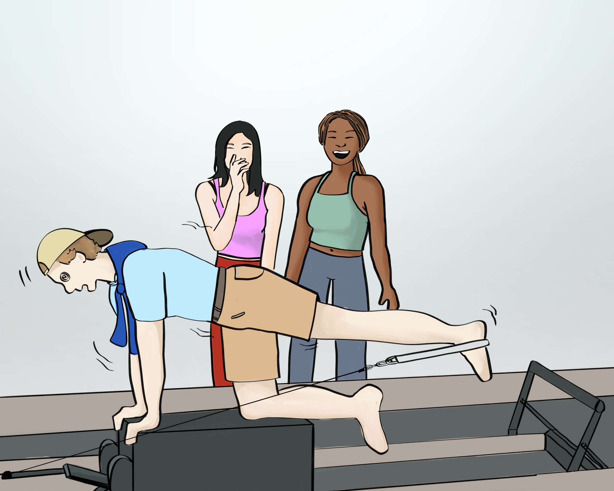 A man wearing a baseball cap trying to do pilates. The girls behind him are giggling because of how much pain he’s in.
