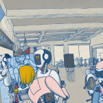 All consenting SFU community members have uploaded their minds to the cloud an illustration of robots with malfunctioning body-parts. They’re lined up for "Renaissance Gears,” a robot spare-parts shop. The shop is in AQ in Burnaby campus.
