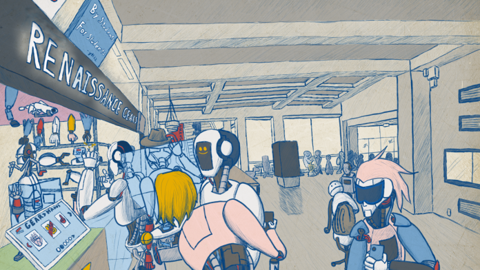 an illustration of robots with malfunctioning body-parts. They’re lined up for "Renaissance Gears,” a robot spare-parts shop. The shop is in AQ in Burnaby campus.