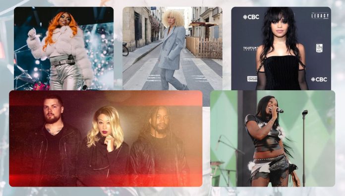 A collage of Black women musicians. From top left to right: Lu Kala, Foushee, and Fefe Dobson. From bottom left to right: Straight Line Stitch, Rachel Chinouriri.