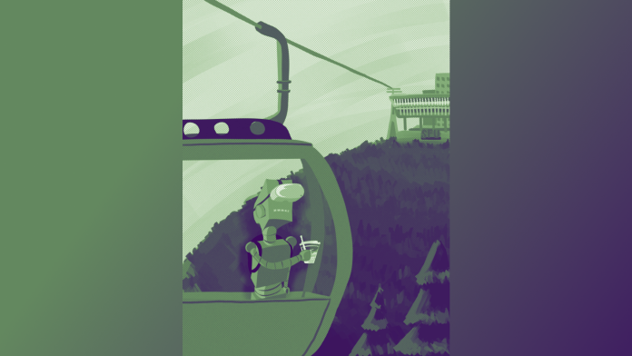 An illustration of a robot with an Iced Capp making its way up the mountain via the gondola. The AQ is illustrated in the distance