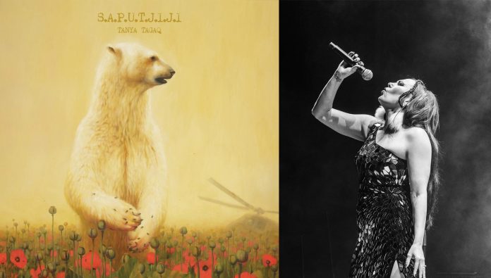 A collage of a photo of the album cover for Saputjiji and a photo of Tagaq
