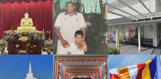 Buddhists celebrate the teachings of Vesak 2,570 years on A collage of photos from top left to bottom right: a Buddhist altar, a childhood photo of the author with his father standing in front of two large hanging Vesak lanterns, a string of lanterns hanging outdoors from the overhang of a roof, a Sri Lankan temple surrounded by trees, a Buddhist altar inside a temple, and the Buddhist flag