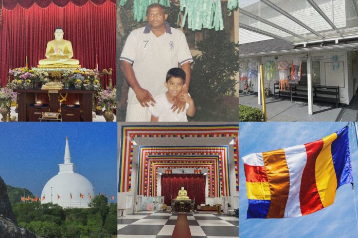 A collage of photos from top left to bottom right: a Buddhist altar, a childhood photo of the author with his father standing in front of two large hanging Vesak lanterns, a string of lanterns hanging outdoors from the overhang of a roof, a Sri Lankan temple surrounded by trees, a Buddhist altar inside a temple, and the Buddhist flag