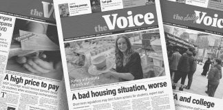 Langara journalism program faced with potential closure Black-and-white photo of three issues of The Langara Voice. The issue in the center features a large image of a young woman holding her pottery. The article underneath reads “A bad housing situation, worse.”