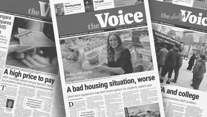 Black-and-white photo of three issues of The Langara Voice. The issue in the center features a large image of a young woman holding her pottery. The article underneath reads “A bad housing situation, worse.”