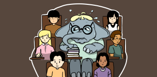 Long Story Short: Paving a non-linear academic path An illustration of a studious yet worried elephant in a lecture hall sitting among human students. The elephant has a pile of books in front of them. The elephant has imposter syndrome.