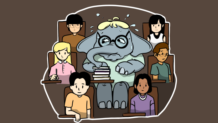 An illustration of a studious yet worried elephant in a lecture hall sitting among human students. The elephant has a pile of books in front of them. The elephant has imposter syndrome.