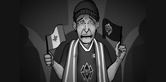 Vancouver Whitecaps in danger of franchise relocation Black-and-white illustration of grief-stricken man wearing Whitecaps merch, holding a Whitecaps flag in one hand and a Canadian flag in the other.