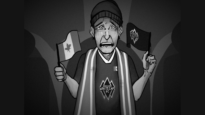 Black-and-white illustration of grief-stricken man wearing Whitecaps merch, holding a Whitecaps flag in one hand and a Canadian flag in the other.