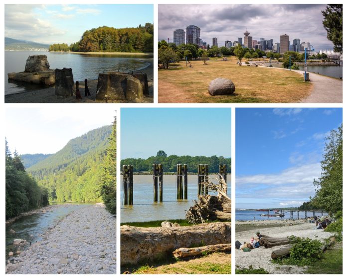 A collage of photos of places in the lower mainland: Lhuḵw’lhuḵw’áyten (Barnet Marine Park), K’emk’emelay (CRAB Park), Xwmélch’sten (Capilano River and Capilano Indian Reserve No. 5), and Whey-ah-wichen (Cates Park)