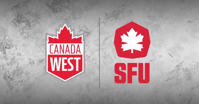 Red and white SFU and Canada West logo on a marbled grey background with a thin vertical line separating them
