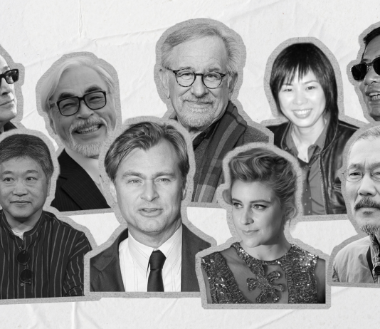 What your favourite film director says about you A black-and-white composite image of film directors (from left to right): Abbas Kiarostami, Hirokazu Kore-eda, Hayao Miyazaki, Christopher Nolan, Steven Spielberg, Greta Gerwig, Alice Wu, Hong Sang-soo, and Wong Kar-wai