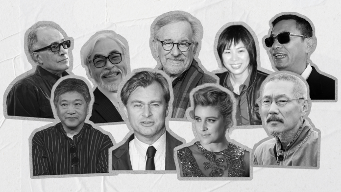 A black-and-white composite image of film directors (from left to right): Abbas Kiarostami, Hirokazu Kore-eda, Hayao Miyazaki, Christopher Nolan, Steven Spielberg, Greta Gerwig, Alice Wu, Hong Sang-soo, and Wong Kar-wai