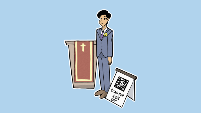 an illustration of a groom standing at the altar with a small billboard next him that showcases a QR code that has “scan the code for 20% off”.