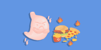 A letter from your old friend, GERD A personified stomach crossing their hands at the sight of pizza, burgers, and fries.
