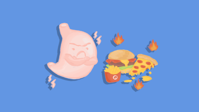 A personified stomach crossing their hands at the sight of pizza, burgers, and fries.
