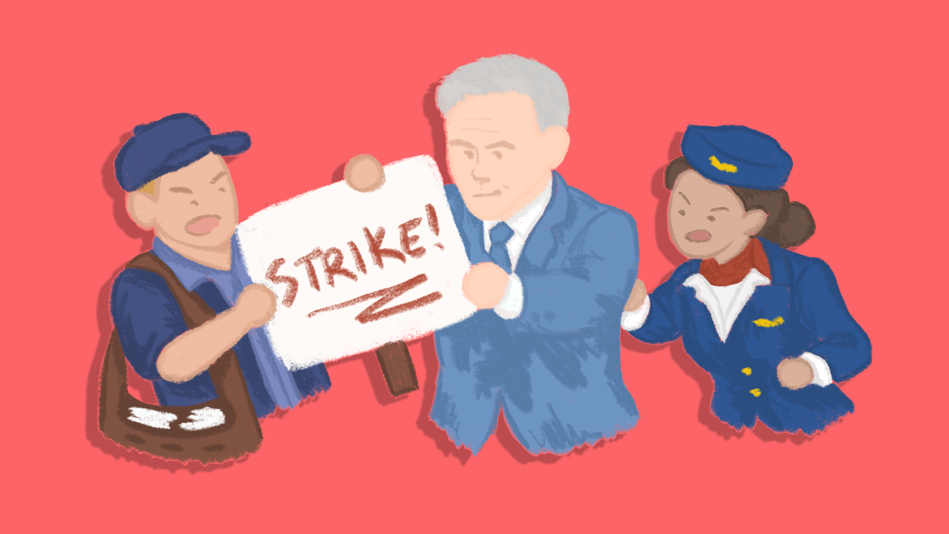 Illustration of Prime Minister Mark Carney taking striking signs away from postal and airline workers