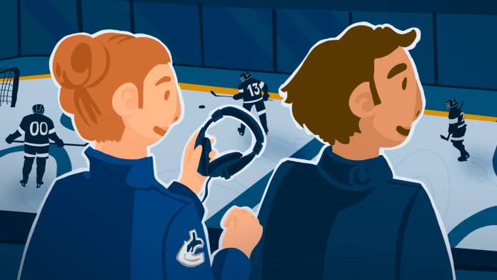 Illustration of Canucks manager and coach smiling and watching the team play in the arena, three team plays visible on the ice ring.