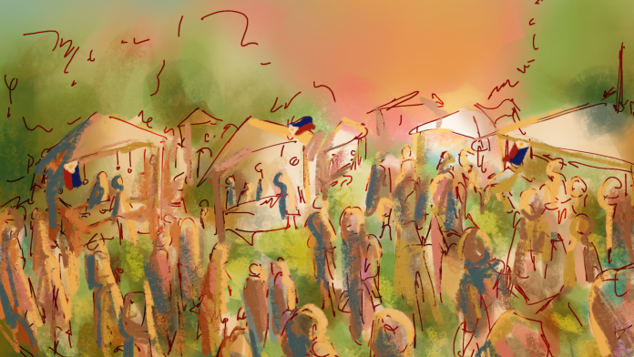 An illustration of the Pinoy festival, with tents, stalls, and flags of the Philippines