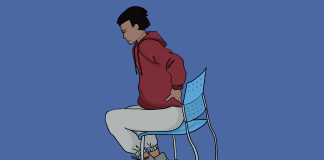 WGOG: SFU furniture and my poor back A student wearing a red hoodie with a pained lower back while sitting on an uncomfortable plastic chair
