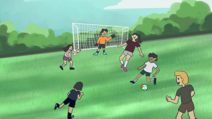 Illustration of kids and adults playing soccer on a field