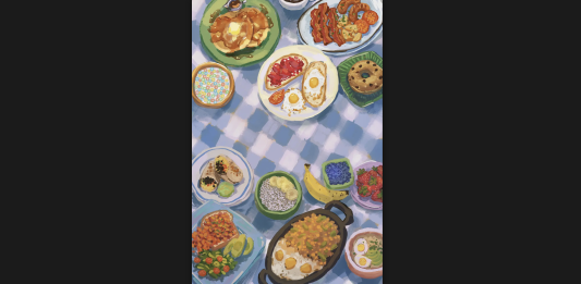 Opinions-in-Chaos: Is breakfast really the most important meal of the day? A watercolour illustration of a gingham picnic blanket, where various breakfast dishes are on the top side of the illustration: pancakes, bacon, sausage, and tomato slices. More fibre-rich breakfast options are on the bottom part of the illustration: chia seed pudding, a banana, and blueberries.
