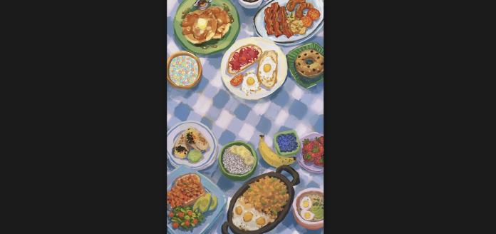 A watercolour illustration of a gingham picnic blanket, where various breakfast dishes are on the top side of the illustration: pancakes, bacon, sausage, and tomato slices. More fibre-rich breakfast options are on the bottom part of the illustration: chia seed pudding, a banana, and blueberries.
