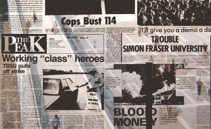 A photo collage of older The Peak issues