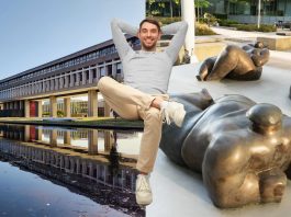 Recommended seating spaces at SFU A composite edit of a photo of the On the Beach exhibit and a photo of the AQ pond at SFU, where a person in a gray sweatshirt lounges in front of.